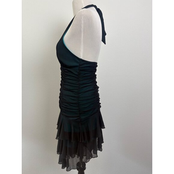 VTG 80s City Triangles Halter Dress Ruched Ruffled Hem Sm Black Teal Stretch Whi - Picture 7 of 8